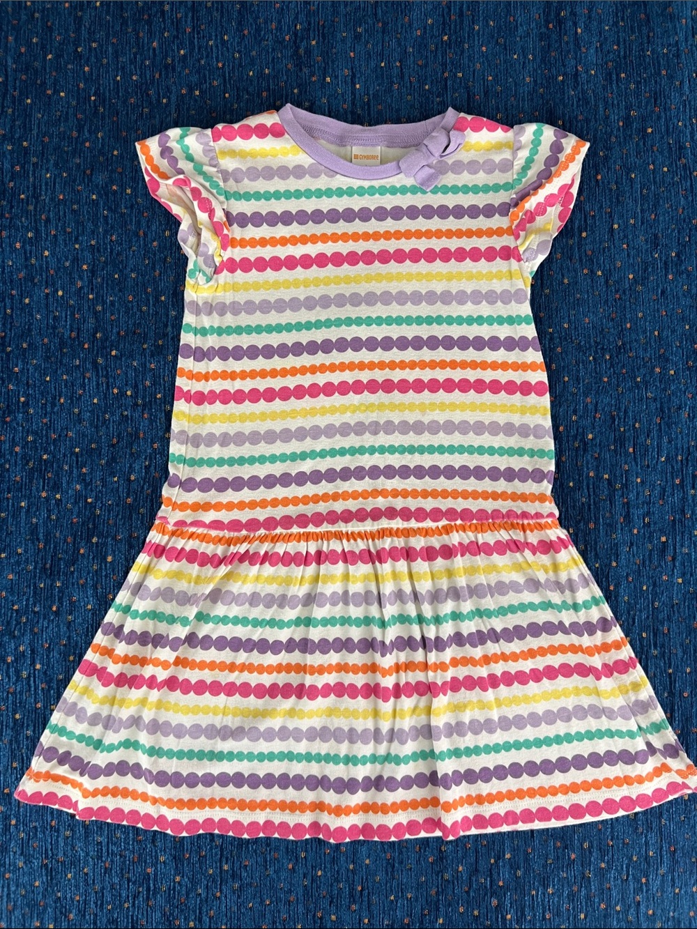 Gymboree Multicolor Dot-Stripe Dress with Lavender Trim and bow size 7, cotton